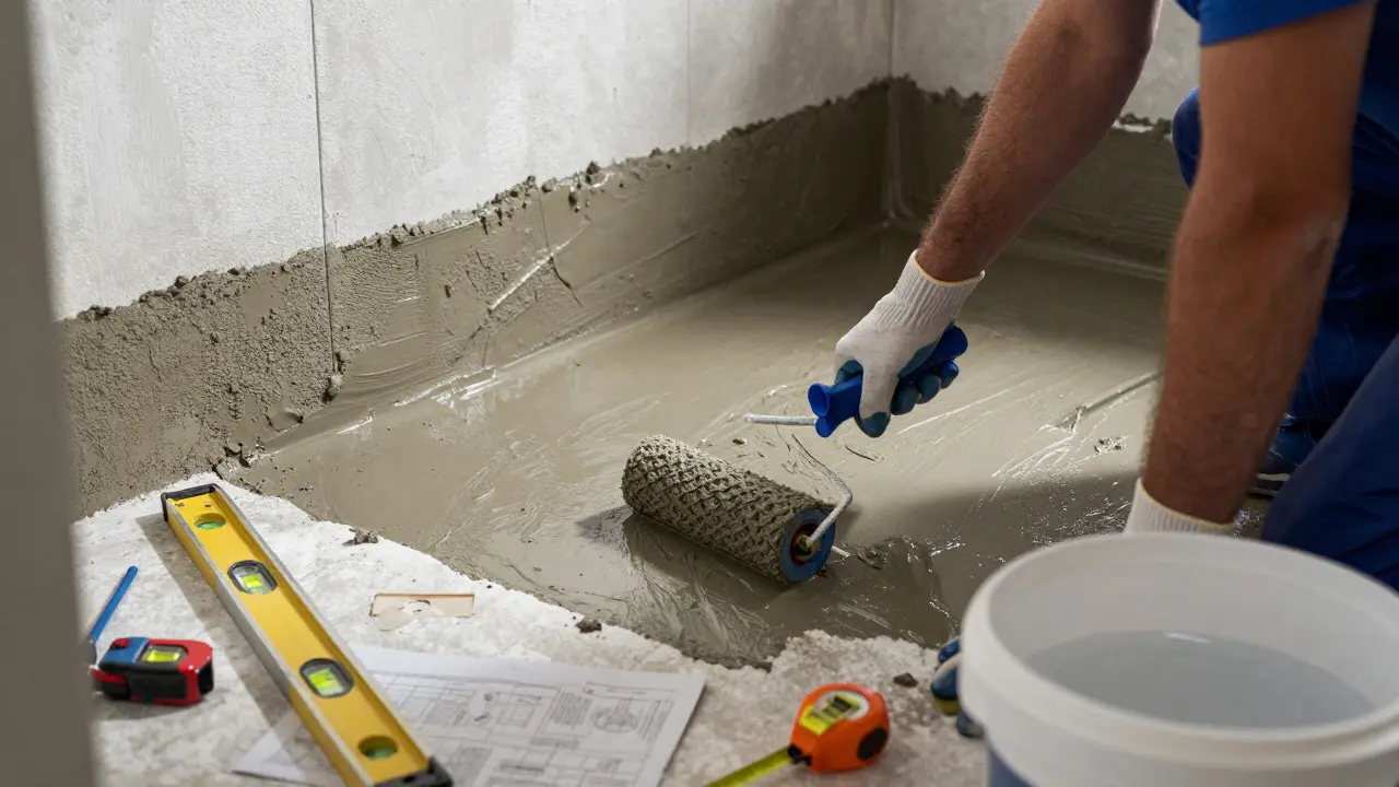 Handwerker trägt Abdichtung auf Duschboden während Bauarbeit