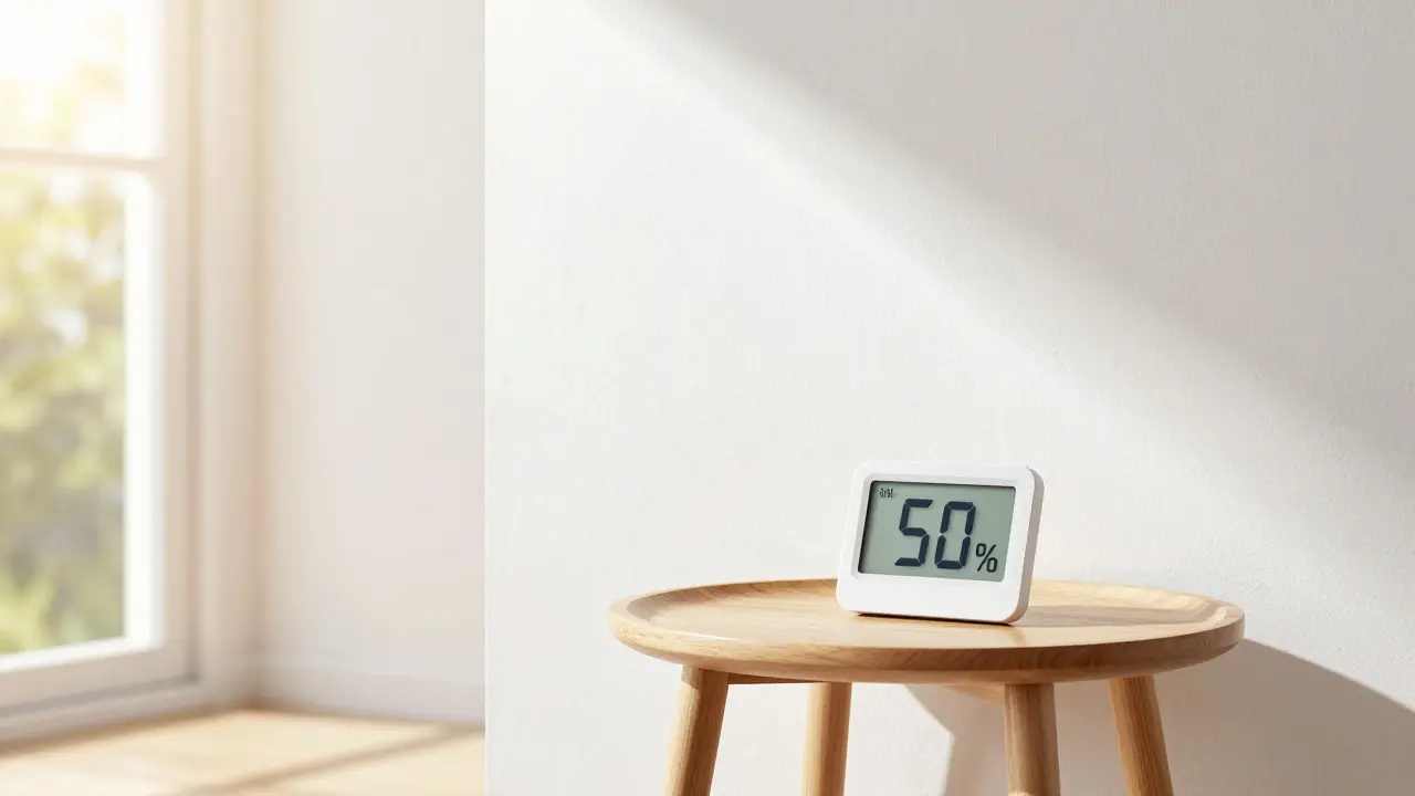 Helle, saubere Wand mit Hygrometer in einem gesundes Wohnzimmer.