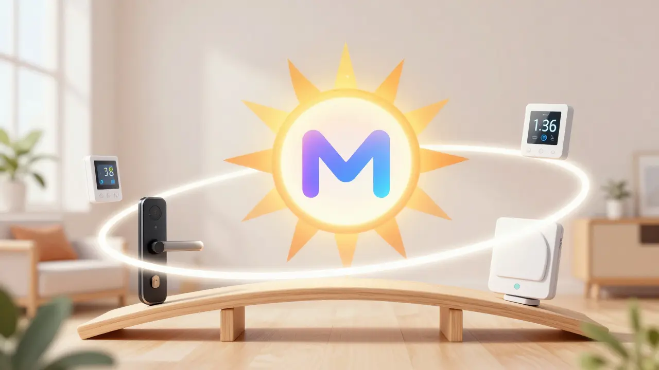 Illustration des Matter-Standards als zentrales Bindeglied für verschiedene Smart-Home-Geräte