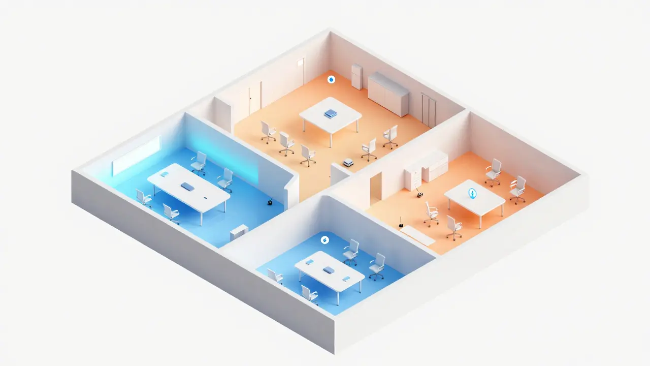 Isometrische Ansicht eines intelligenten Büros mit Temperatur-Heatmap