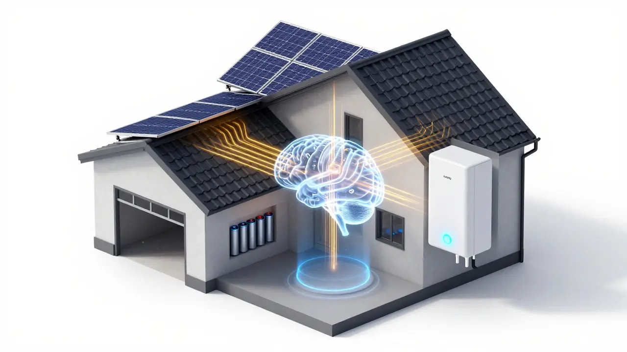 Isometrische Darstellung von Solaranlage, Batteriespeicher und intelligentem Energiemanagement.