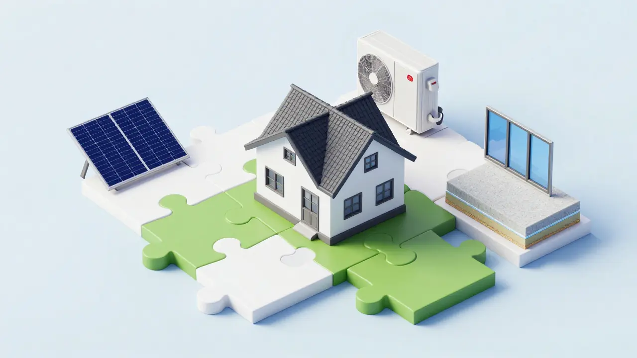 Isometrische Illustration von verschiedenen energetischen Sanierungselementen als Puzzle.