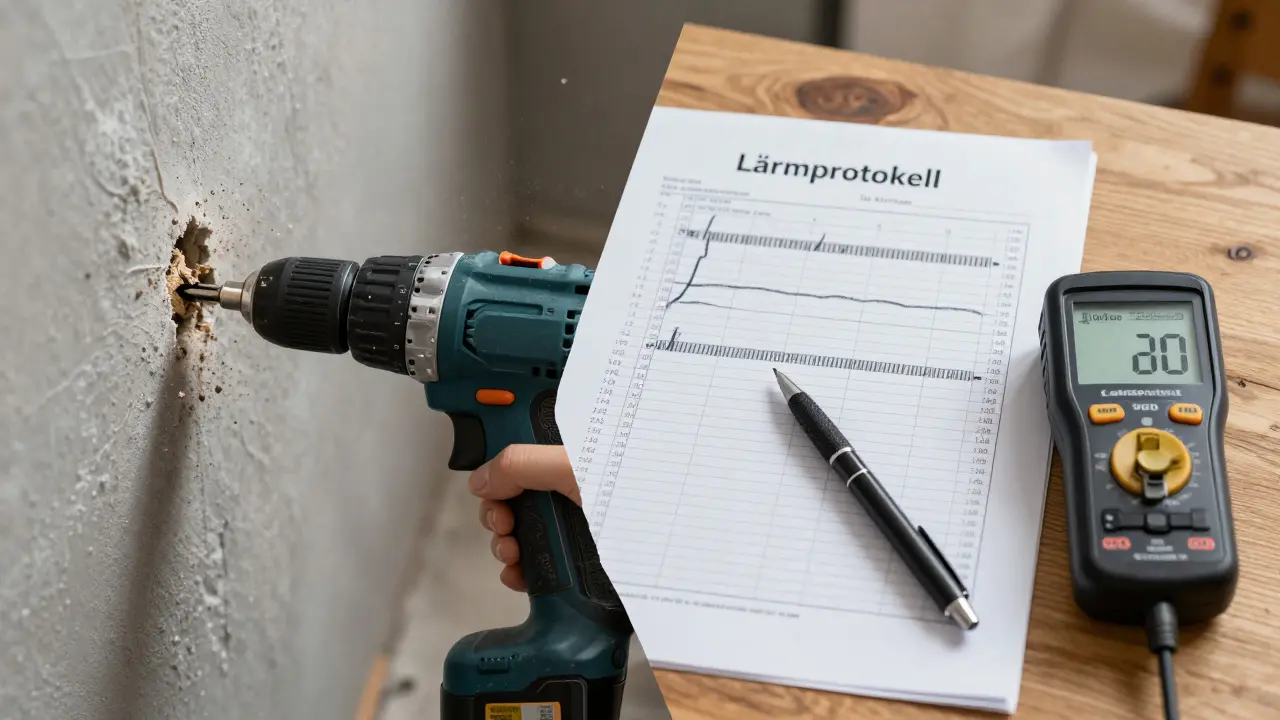 Kombination aus Bohrmaschine, einem detaillierten Lärmprotokoll und einem Dezibelmesser.