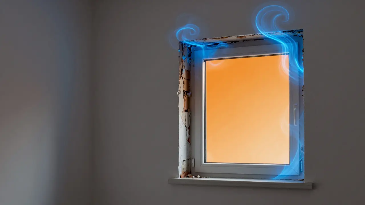 Konzeptbild von kalter Luft, die durch undichte Fensteranschlüsse eindringt.