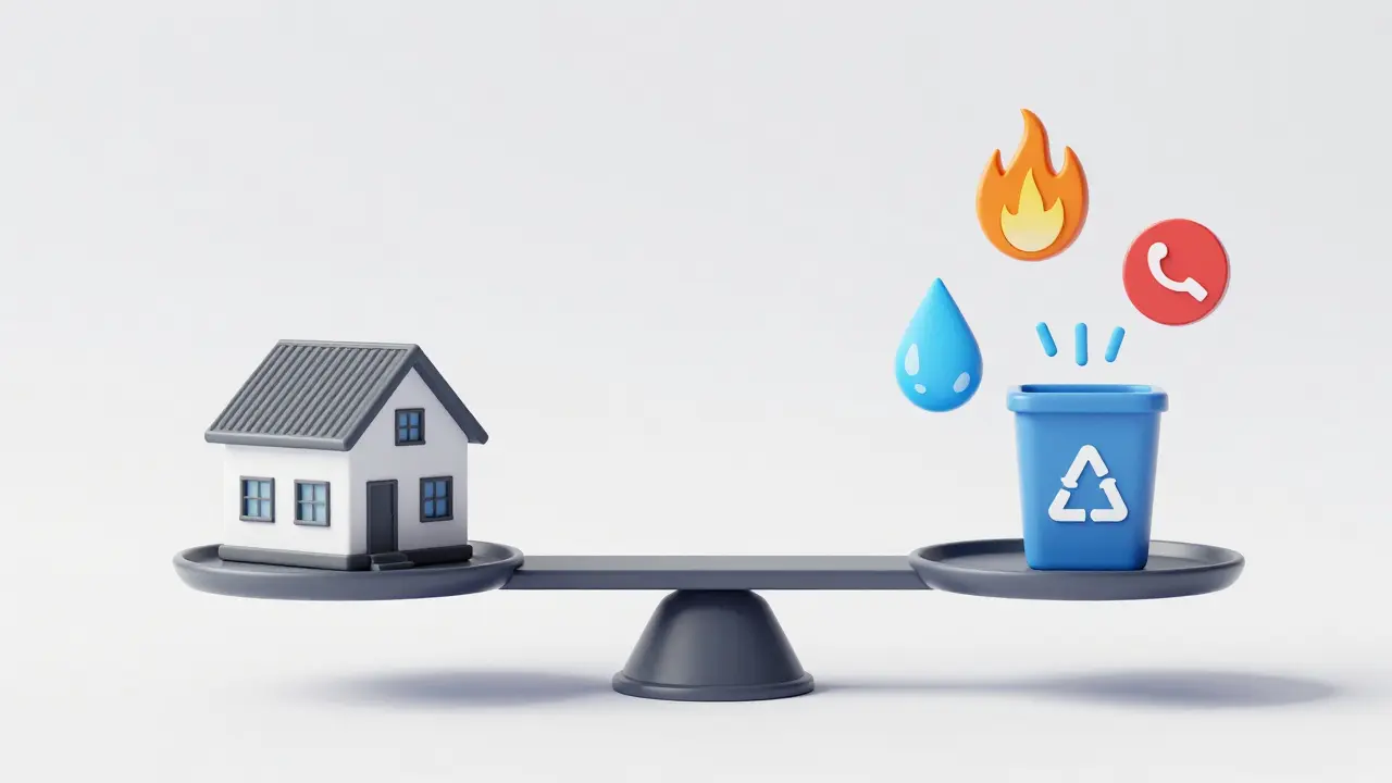 Konzeptuelle Darstellung von Nebenkosten wie Heizung und Wasser an einer Waage.