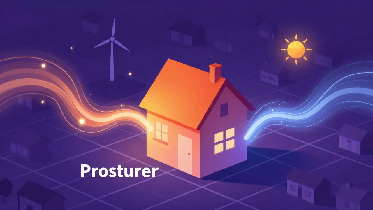 Konzeptuelle Illustration eines Prosumers im intelligenten Stromnetz bei Sonnenuntergang.