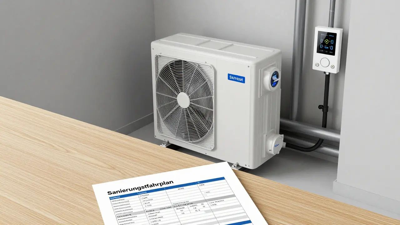 Moderne Wärmepumpe im Keller neben einem Sanierungsfahrplan auf einem Werktisch.