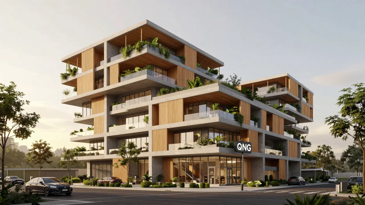 Moderner, nachhaltiger Neubau mit QNG-Zertifizierung und viel Holz und Grünflächen.