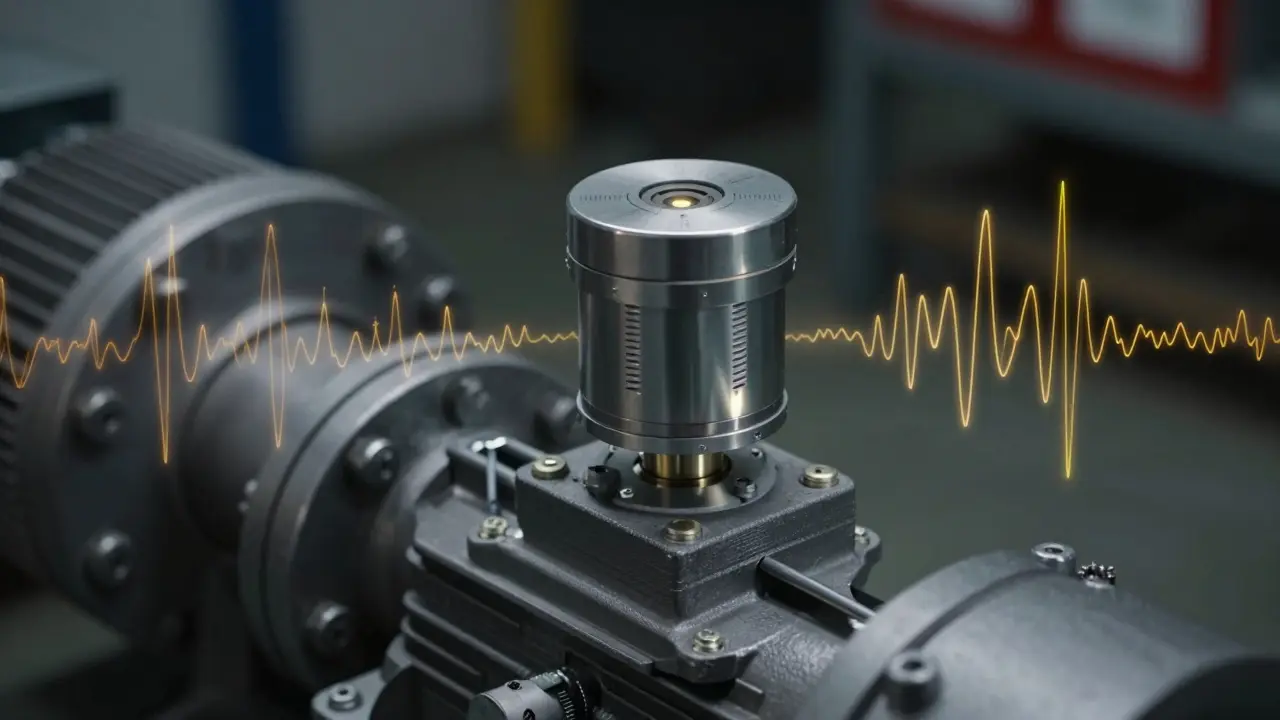 Nahaufnahme eines Schwingungssensors an einer Industriepumpe zur Wartung