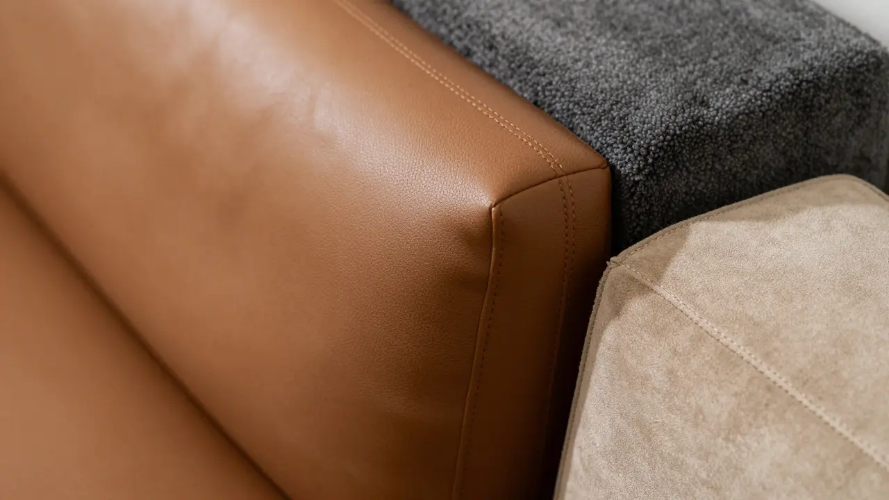Nahaufnahme verschiedener Polstermaterialien wie Anilinleder, Mikrofaser und Nubukleder.
