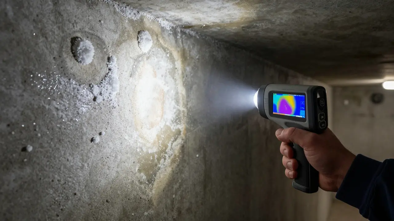 Nahaufnahme von Salz ausblühungen an einer Kellerwand und einer Thermografie-Kamera.