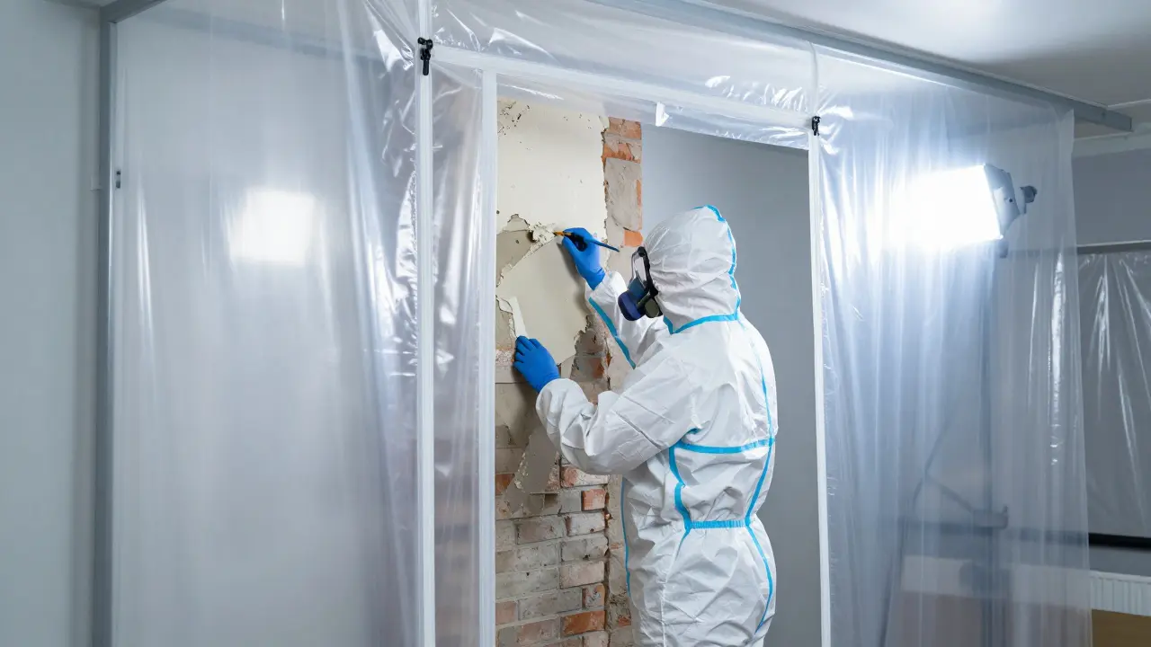 Professionelle Schimmelsanierung mit Absperrung und Schutzkleidung.
