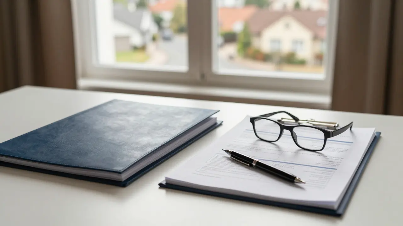 Professioneller Arbeitsplatz mit Dokumenten und Blick auf Wohnimmobilien zur Finanzplanung