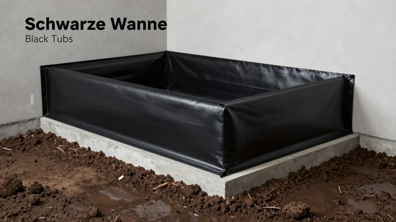 Querschnitt einer Hausfundament-Abdichtung mit schwarzer Bitumen-Wanne im Erdreich.