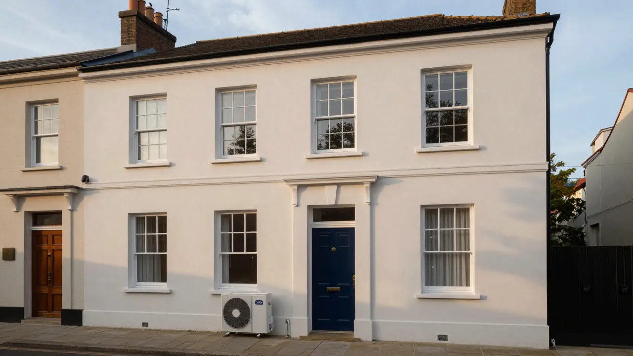 Renoviertes Stadthaus mit modernen Fenstern und einer neuen Wärmepumpe.