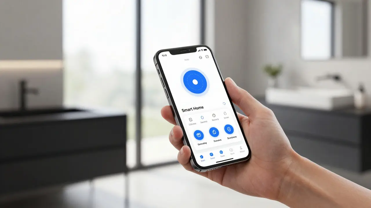 Smartphone mit Smart-Home-App zur Steuerung der Badezimmerlüftung in modernem Bad.