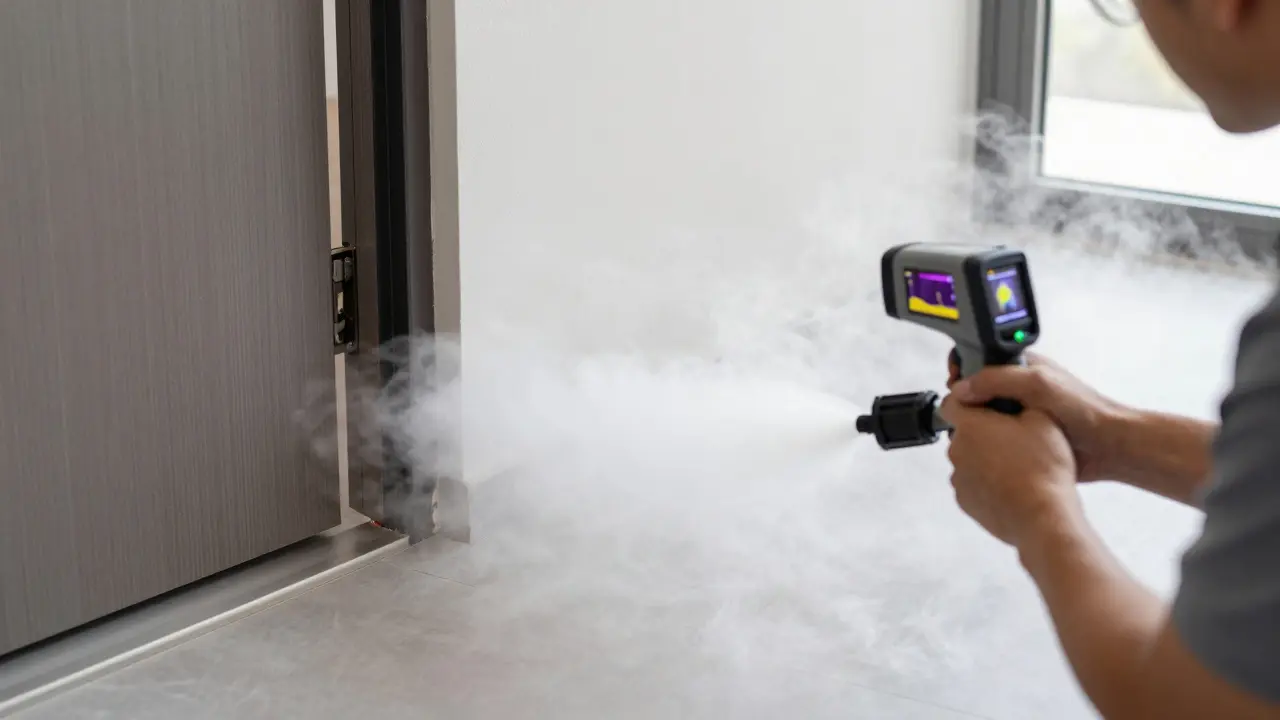 Techniker nutzt Nebelmaschine zur Ortung von Luftlecks an einer Türschwelle.