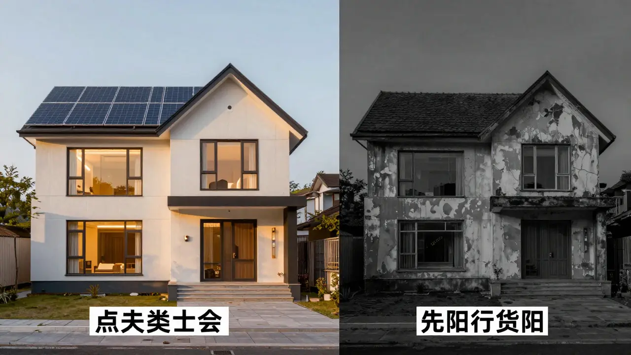 Vergleich zwischen einem modernen Energieeffizienzhaus und einem sanierungsbedürftigen Altbau.