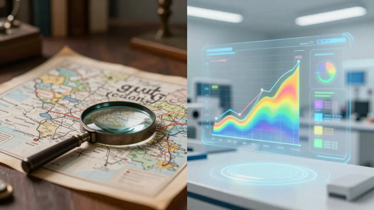 Vergleich zwischen traditioneller Kartenanalyse und moderner KI-gestützter Prognose.