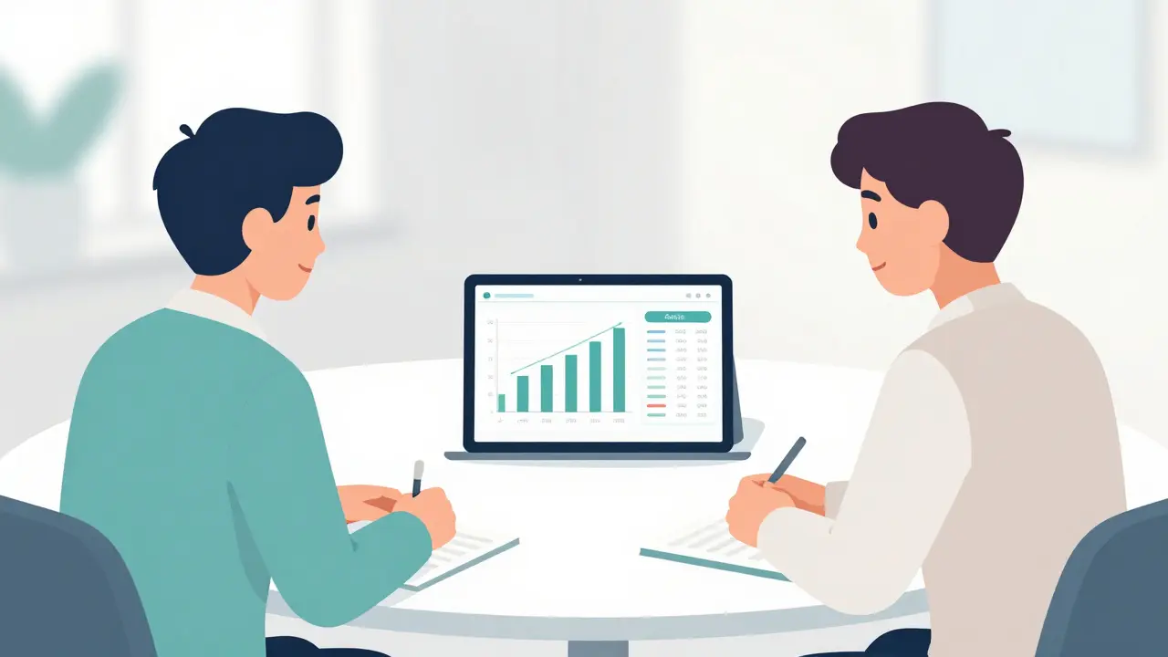 Vermieter und Mieter besprechen transparent eine Nebenkostenabrechnung am Tablet.