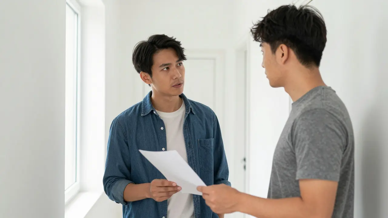 Zwei Nachbarn führen ein ruhiges Gespräch im Hausflur über die Renovierung.