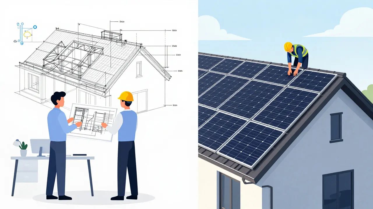 Architekten und Handwerker planen und installieren eine Photovoltaikanlage auf einem Neubau