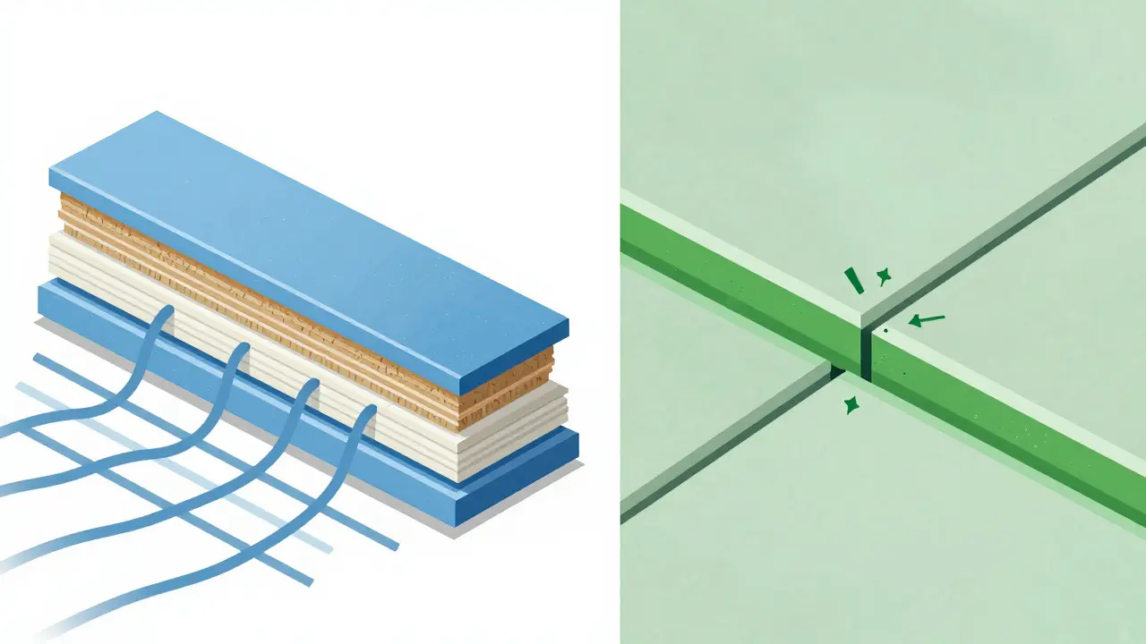 Cross-section showing flexible adhesive and sealed grout joints