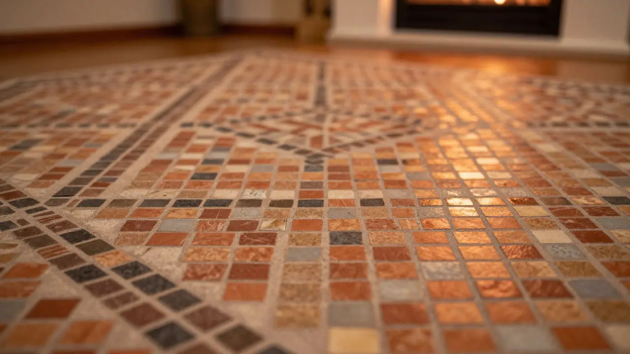 Detailaufnahme von strukturierten Mosaikfliesen im Boden