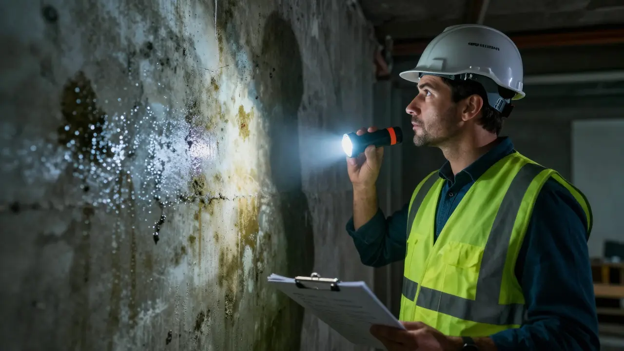 Experte prüft Schimmelbefall an einer feuchten Kellerwand mit Taschenlampe