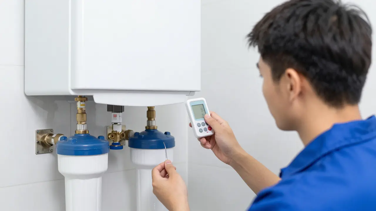 Experte prüft Wassertemperatur am Boiler