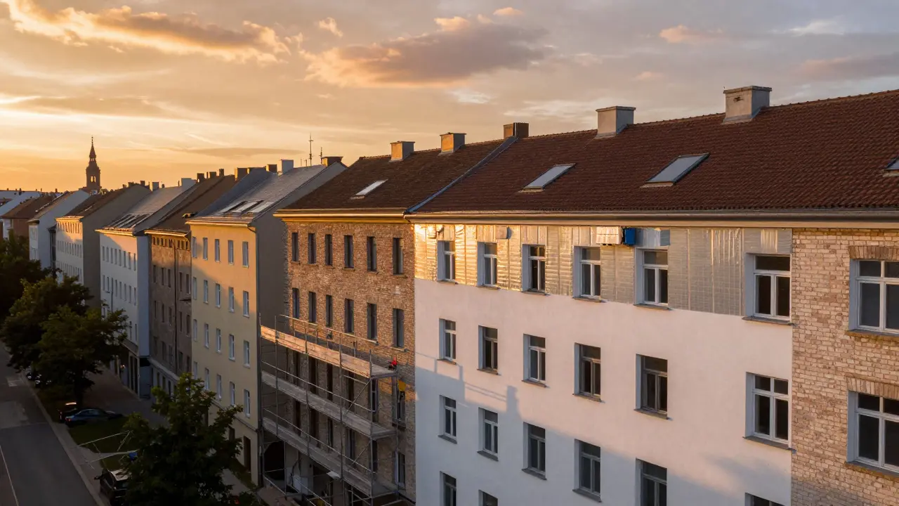 Fassadendämmung an Altbauten bei Sonnenuntergang in einer österreichischen Stadt