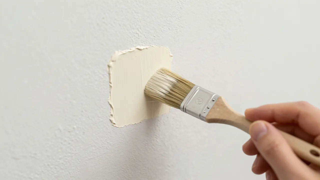 Hand streicht Farbprobe auf die Wand, nass vs. trocken