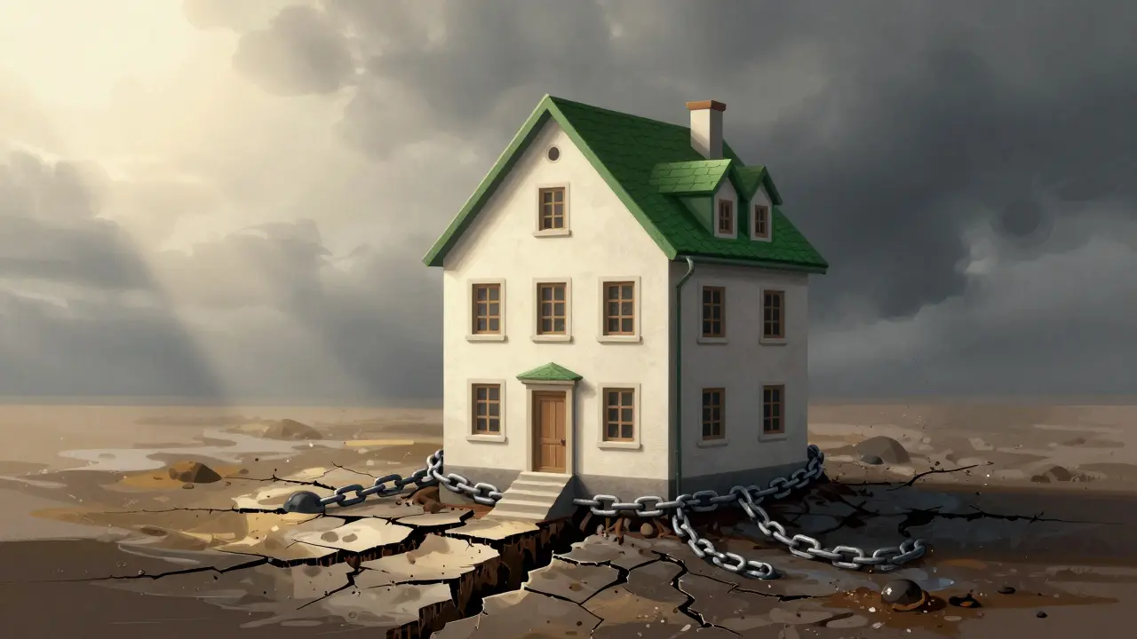 Haus auf rissigem Fundament mit giftigem Schlamm und Ketten als Symbol