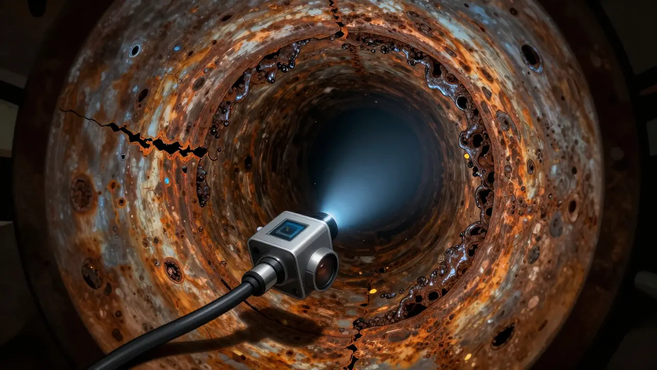 Kamerainspektion zeigt korrodierte Rohre mit Rost und Biofilm