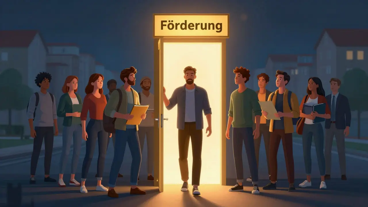 Konzeptillustration: Antragssteller warten auf begrenzte Fördermittel am goldenen Portal