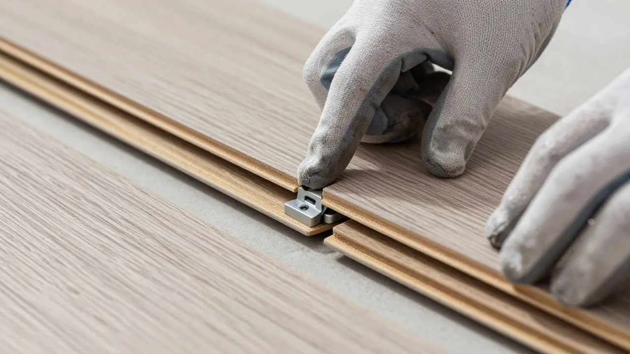 Nahaufnahme der Verlegung von Klick-PVC-freien Bodenplatten