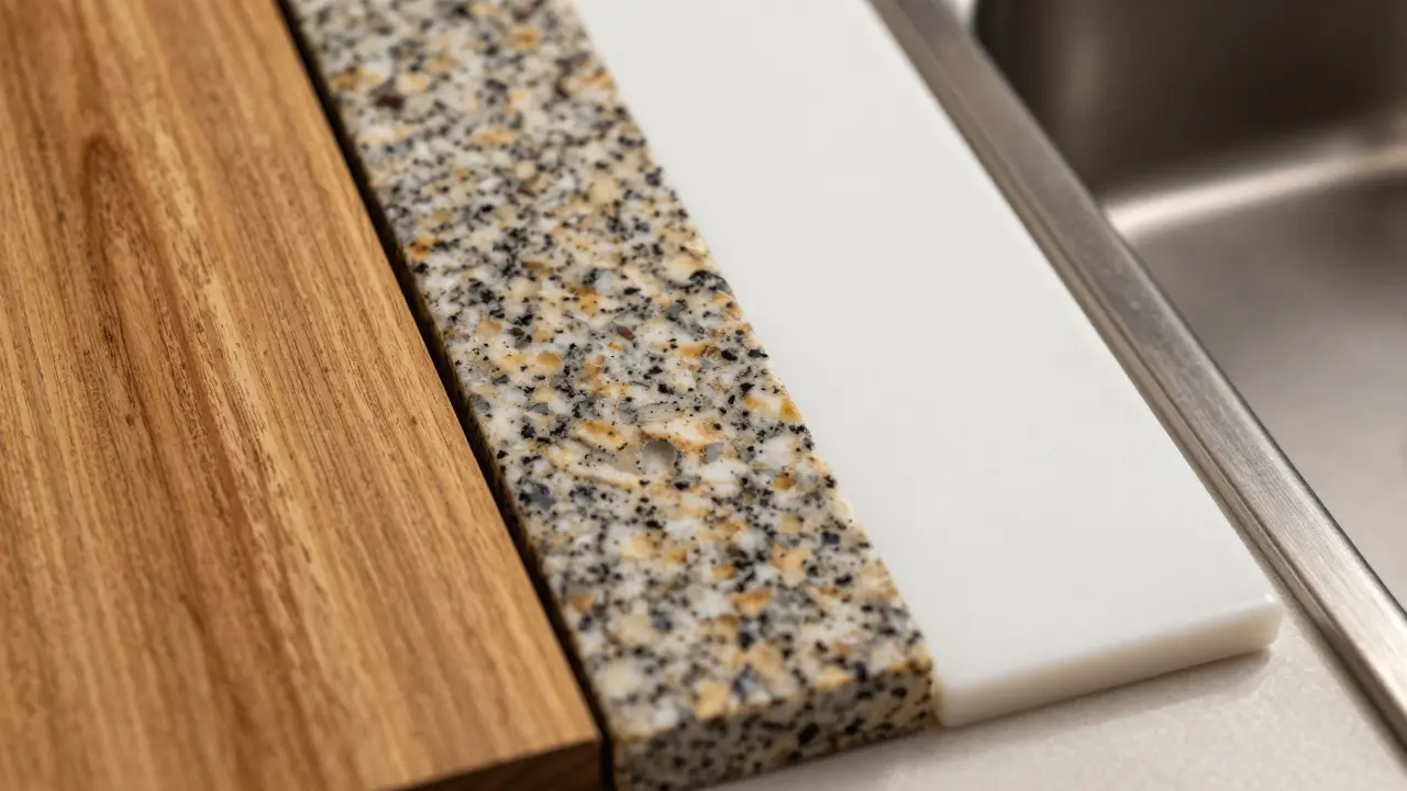 Nahaufnahme verschiedener Arbeitsplattenmaterialien wie Holz, Granit und Keramik