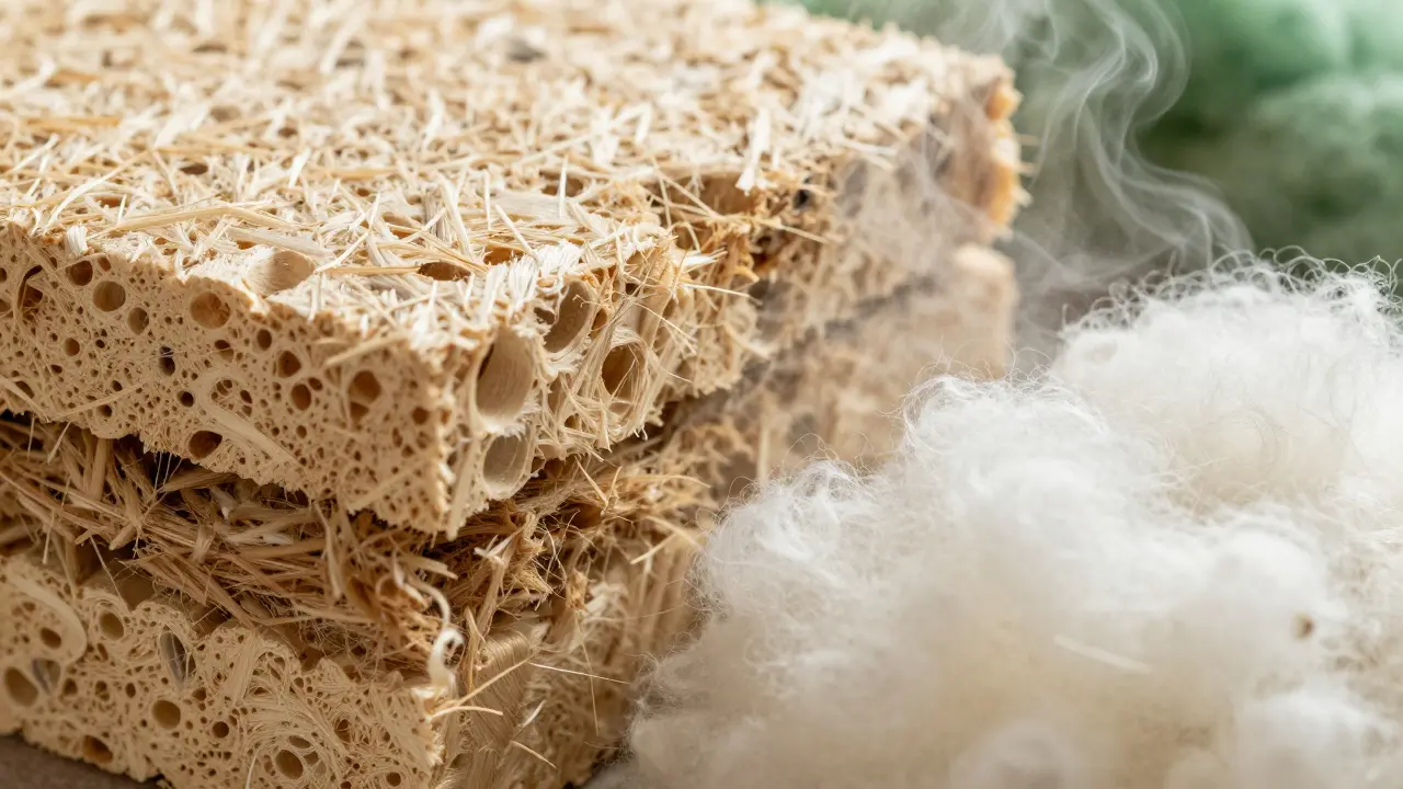 Nahaufnahme von Holzfaser, Hanf und Schafwolle als Dämmstoffe