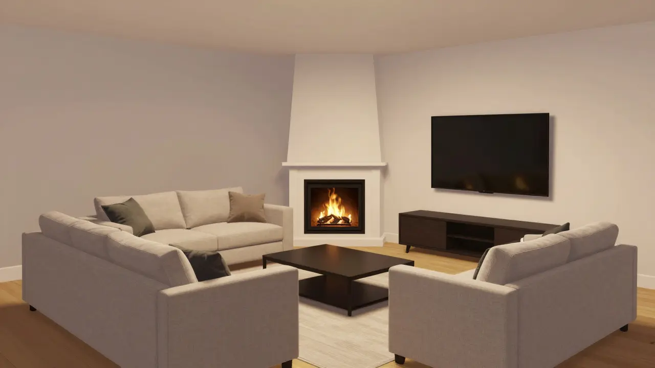 Optimale Sitzordnung im Halbkreis um den Kamin mit TV an der Seitenwand