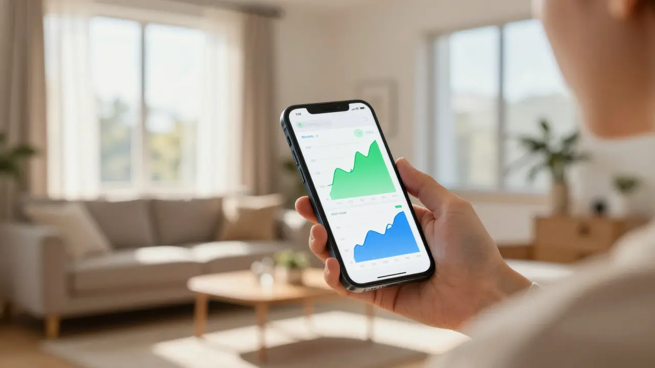 Person betrachtet Energieverbrauchsgrafiken auf dem Smartphone im sonnigen Wohnzimmer.