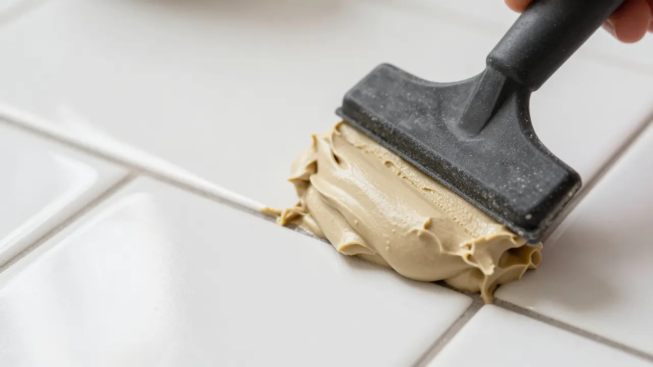Rubber float pressing creamy grout mortar into tile joints
