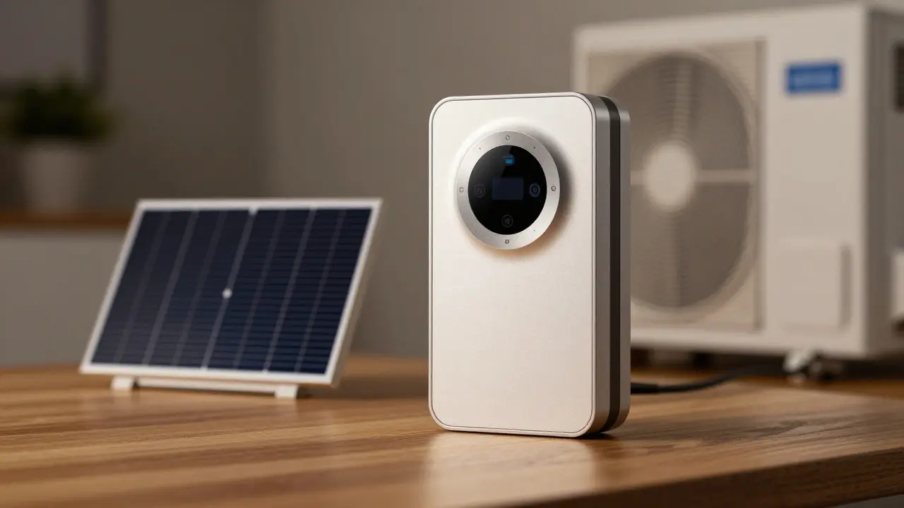Smart Meter und Photovoltaik-Modell auf Holzoberfläche