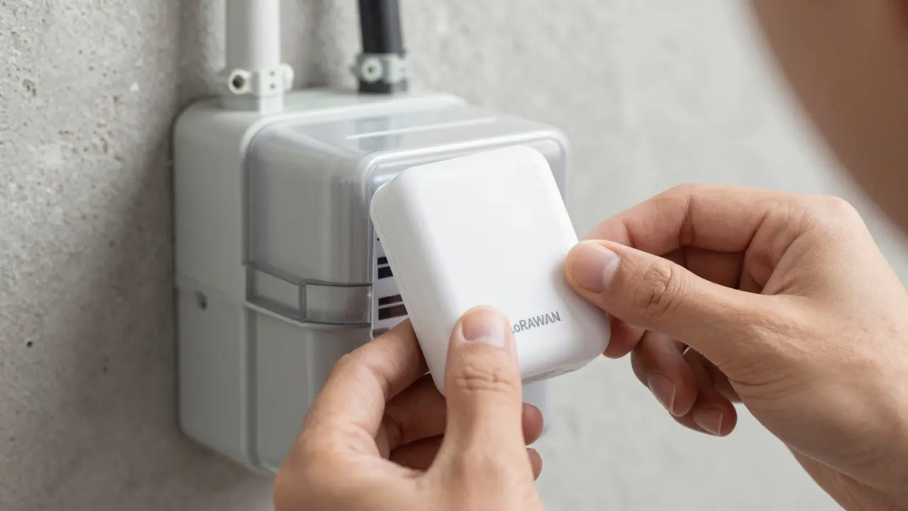 Techniker installiert einen drahtlosen LoRaWAN-Sensor an einem Stromzähler in einem Bestandsgebäude.