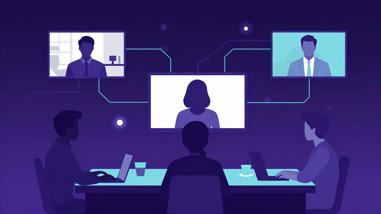 Virtuelle Eigentümerversammlung als Videoanruf-Silhouetten