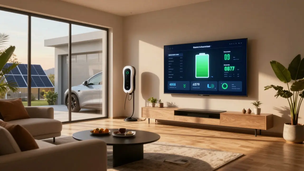 Wohnzimmer eines Smart Homes mit Energieüberwachungssystem und Elektroauto-Ladestation