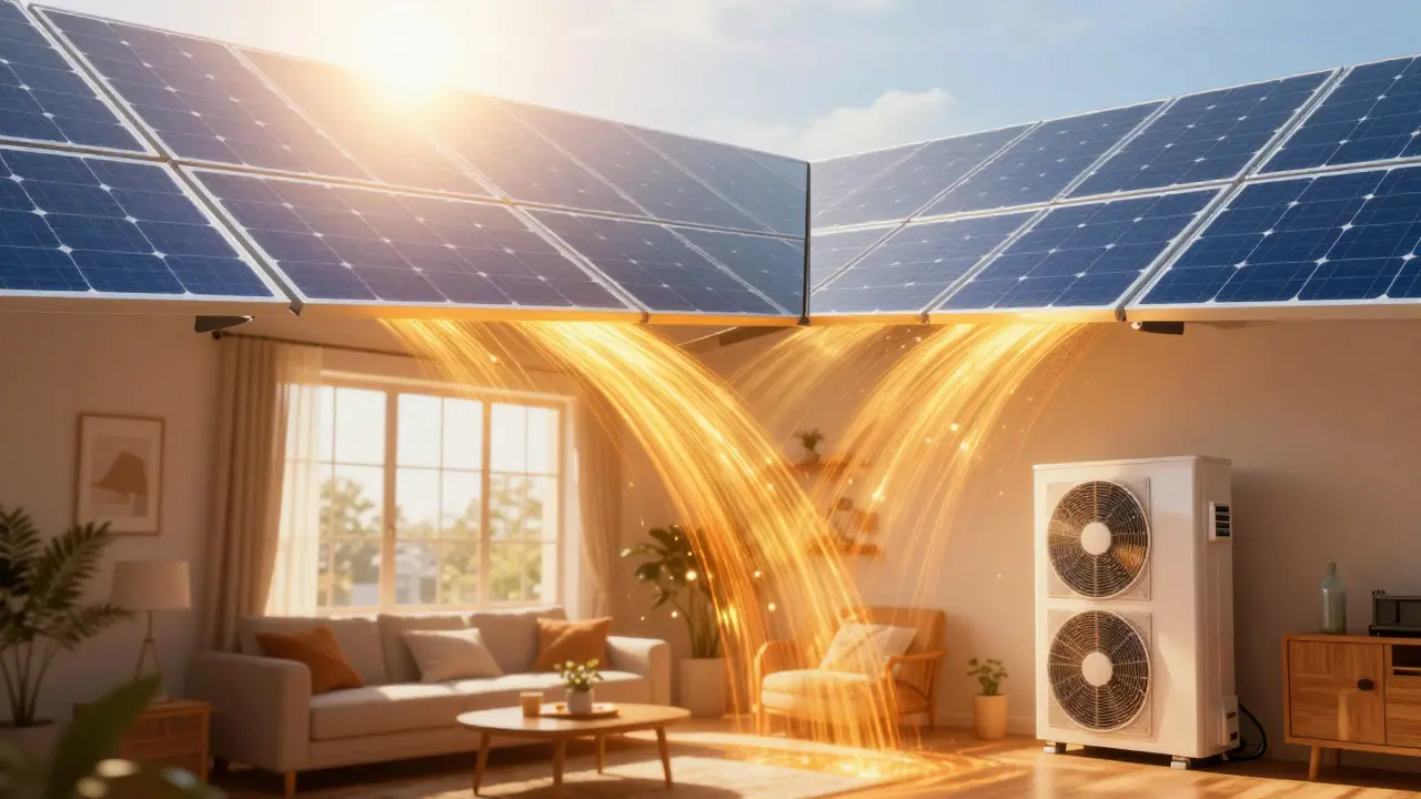 Abstrakte Darstellung von Sonnenenergie die ein warmes Zuhause versorgt