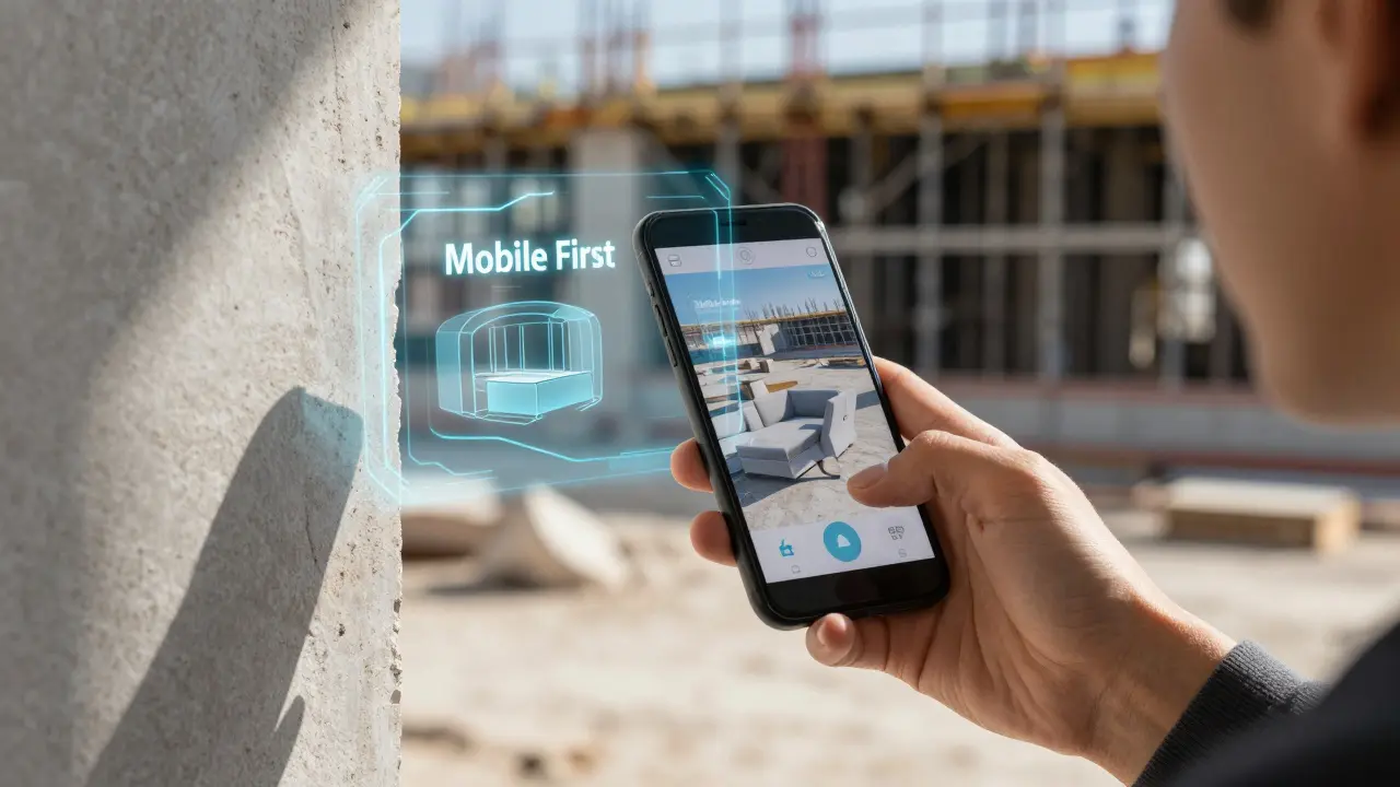 Architekt scannt mit Smartphone und AR-Brille einen Raum für digitale Planung