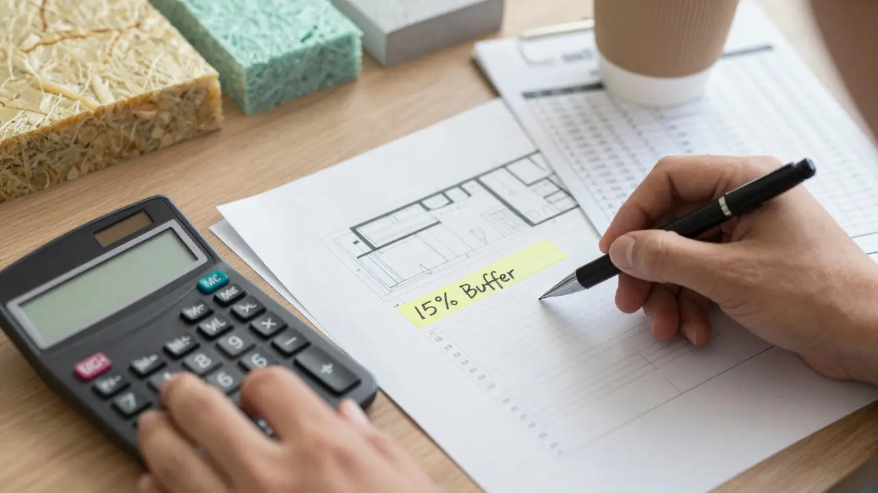 Budgetplanung mit 15% Puffer für Bauprojekt auf Holztisch