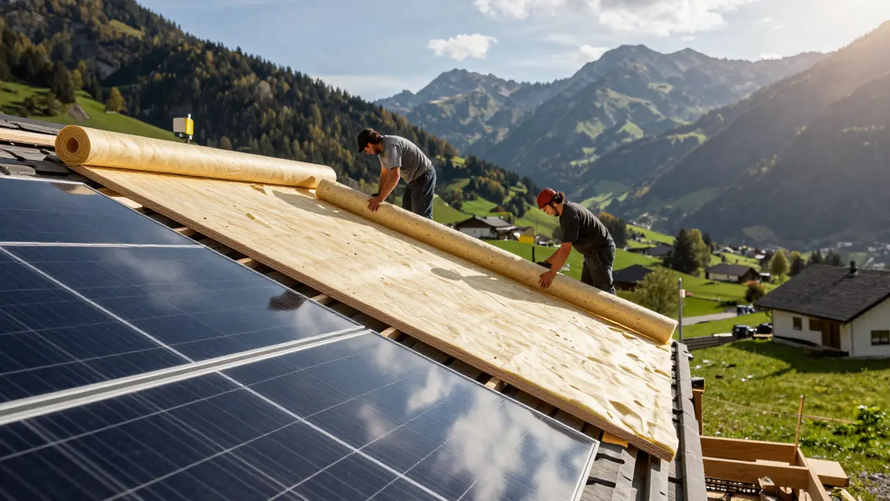 Dachdämmung mit Holzfasern und Photovoltaik-Modulen