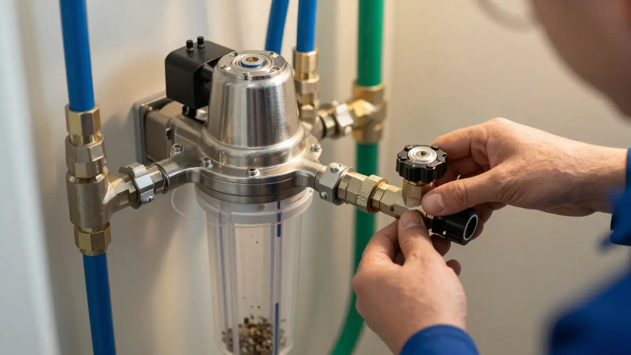 Detailaufnahme einer modernen Grauwasseranlage mit Filter und Pumpe
